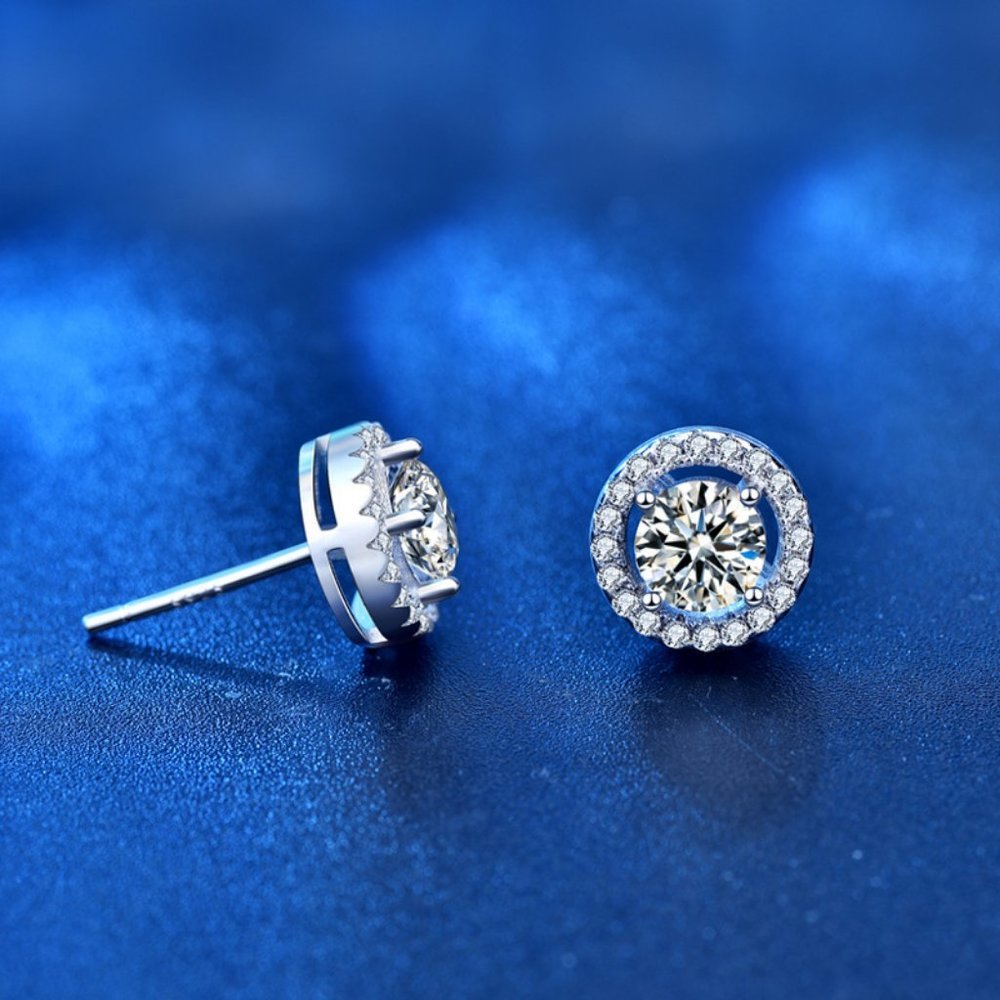 Certified 1ct. t.w. Moissanite Diamond Round Halo Stud Earrings NEW - Picture 5 of 9